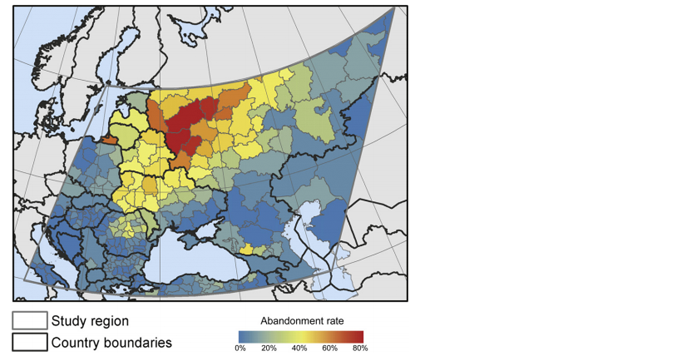 Andel nedlagd åker i ryska provinser. Områden i rött och orange är de delar av Ryssland där nedläggningen av åker varit allra störst. Källa: Alcantara och Kuemmerle 2013.